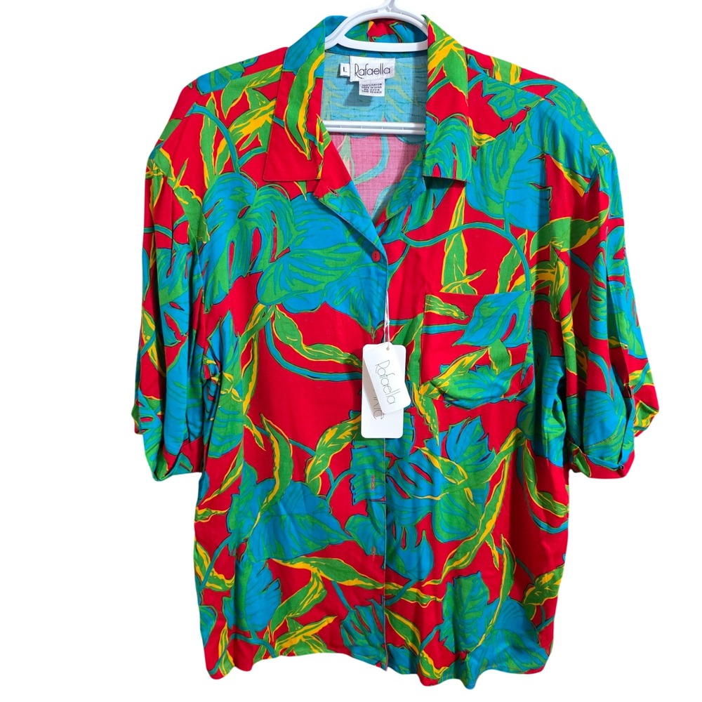Rafaella Women Large Shirt Red Tropical Leaf Shoulder Pads Vintage 80s Button Up
